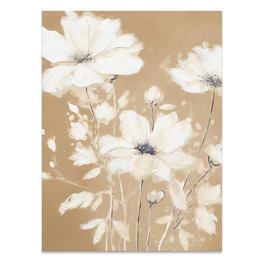 Premium Poster of Elegant White Floral Art on Golden Brown Background Posters