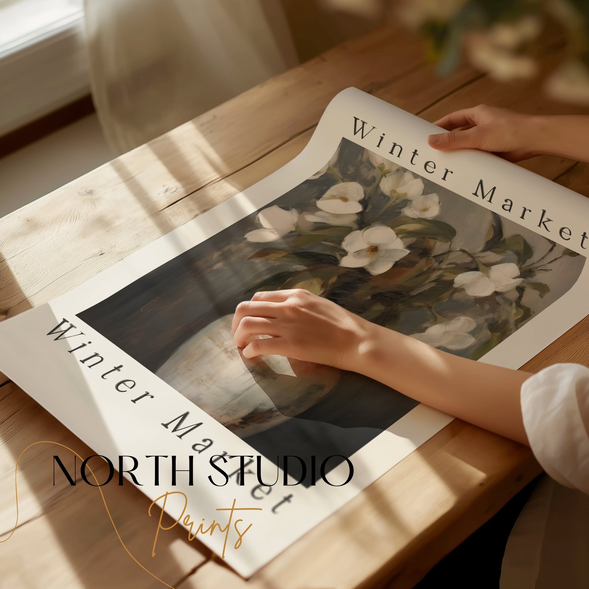 Premium Poster of Elegant White Flowers Painted on Vase Posters