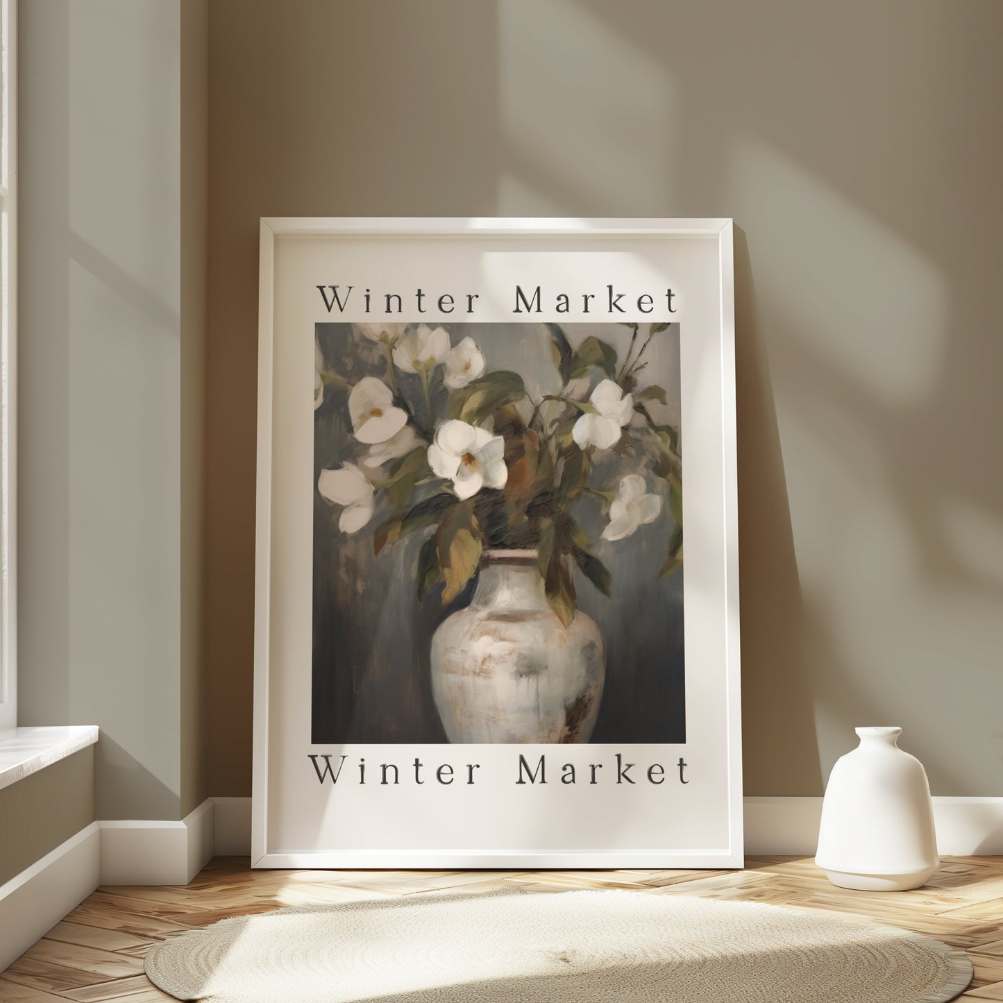 Premium Poster of Elegant White Flowers Painted on Vase Posters
