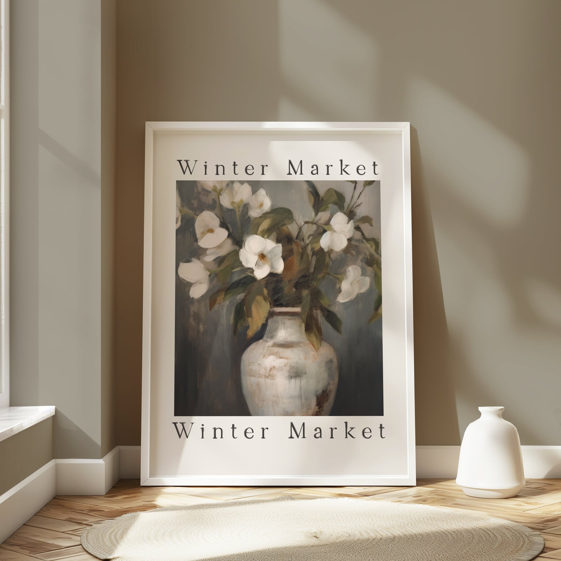 Premium Poster of Elegant White Flowers Painted on Vase Posters