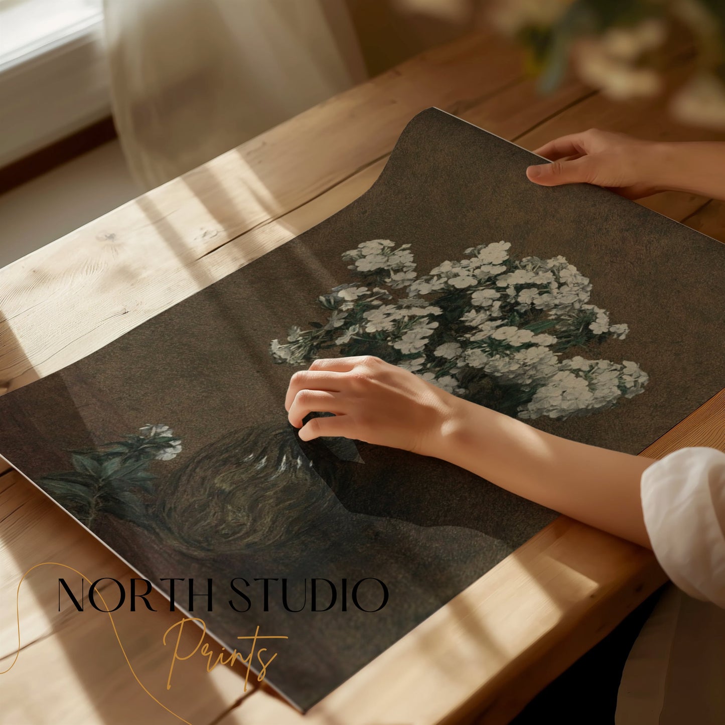 Premium Poster of Elegant White Flowers in Glass Vase Posters