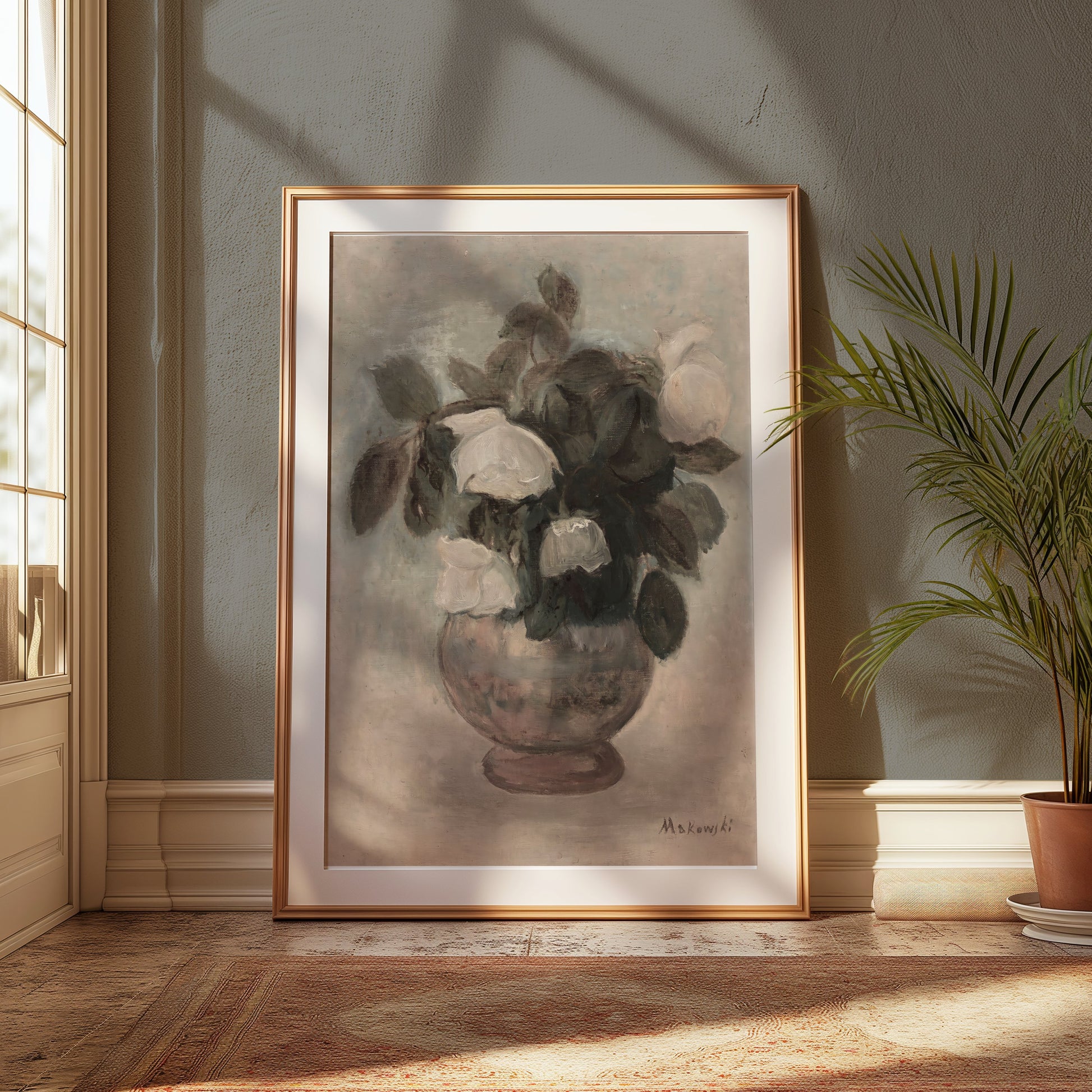 Premium Poster of Elegant White Roses in Vase Abstract Art Posters