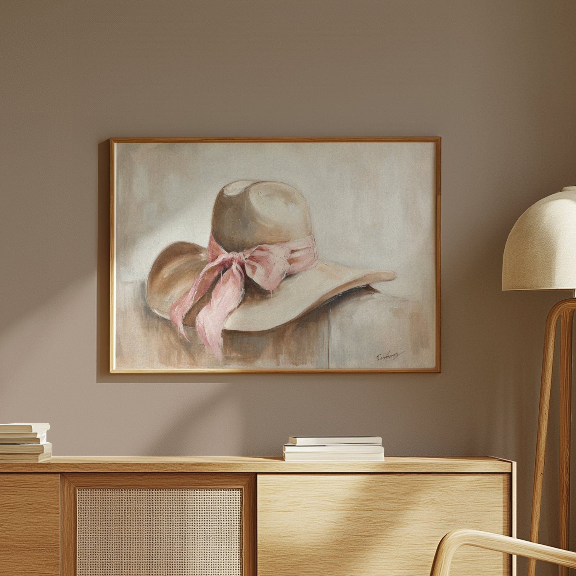 Premium Poster of Elegant Wide Brim Hat with a Pink Ribbon Posters