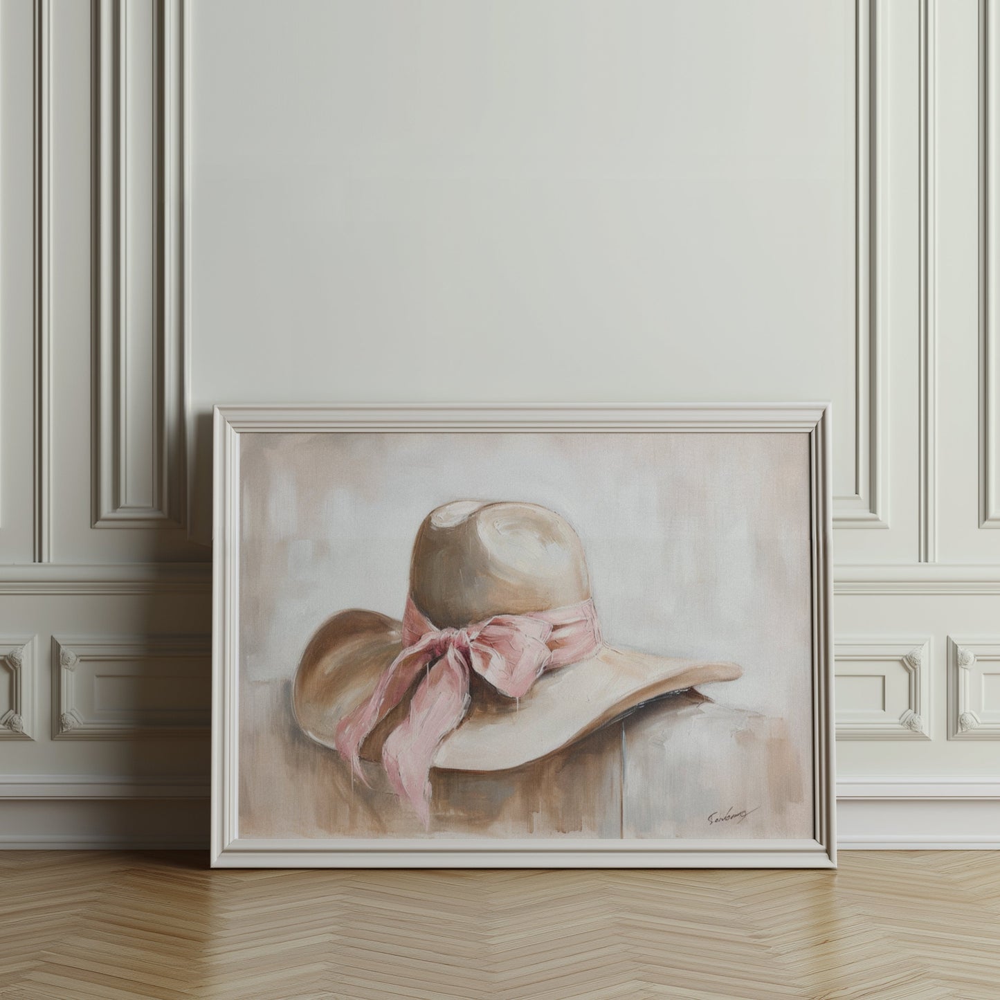 Premium Poster of Elegant Wide Brim Hat with a Pink Ribbon Posters