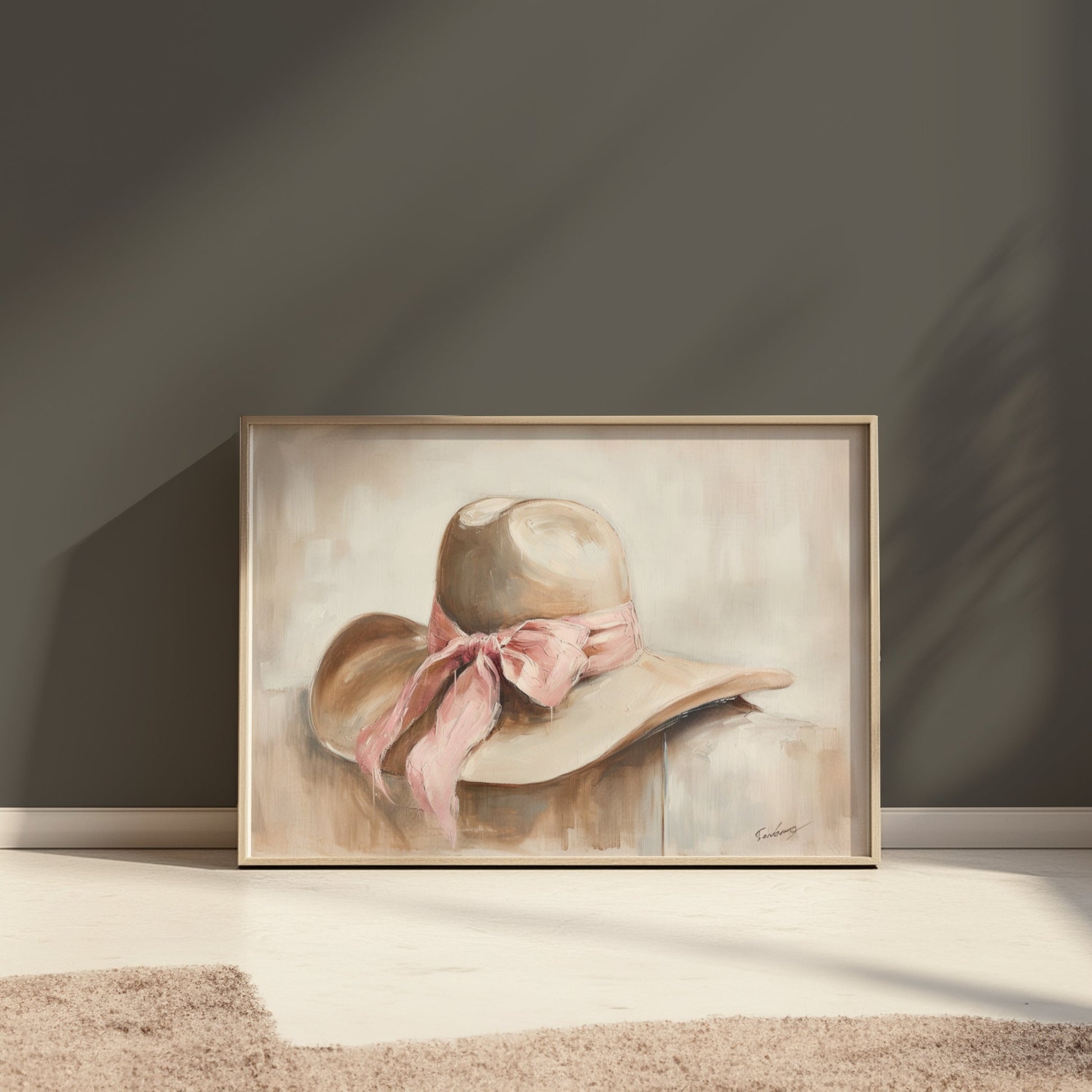 Premium Poster of Elegant Wide Brim Hat with a Pink Ribbon Posters