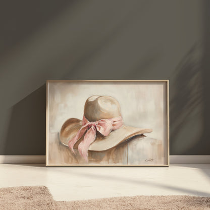 Premium Poster of Elegant Wide Brim Hat with a Pink Ribbon Posters