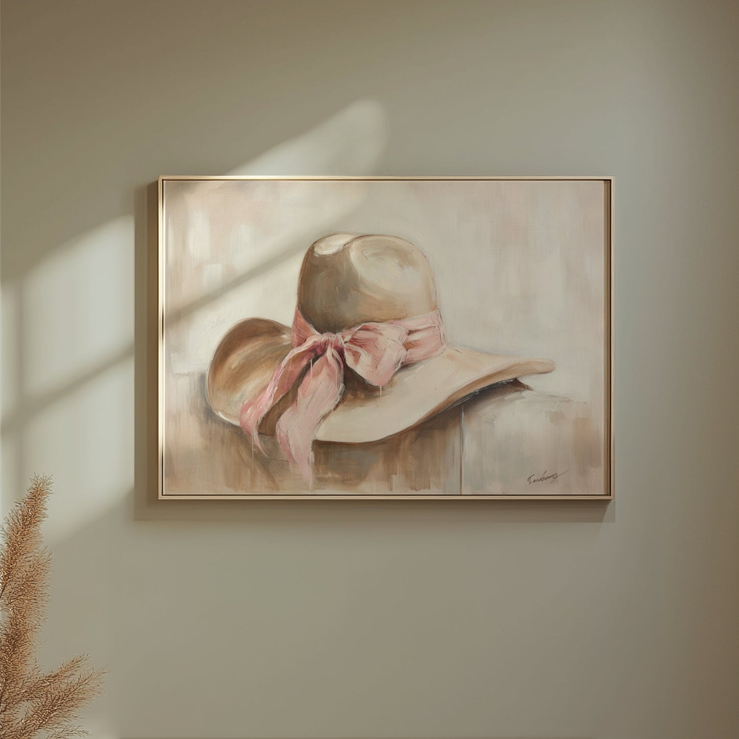 Premium Poster of Elegant Wide Brim Hat with a Pink Ribbon Posters