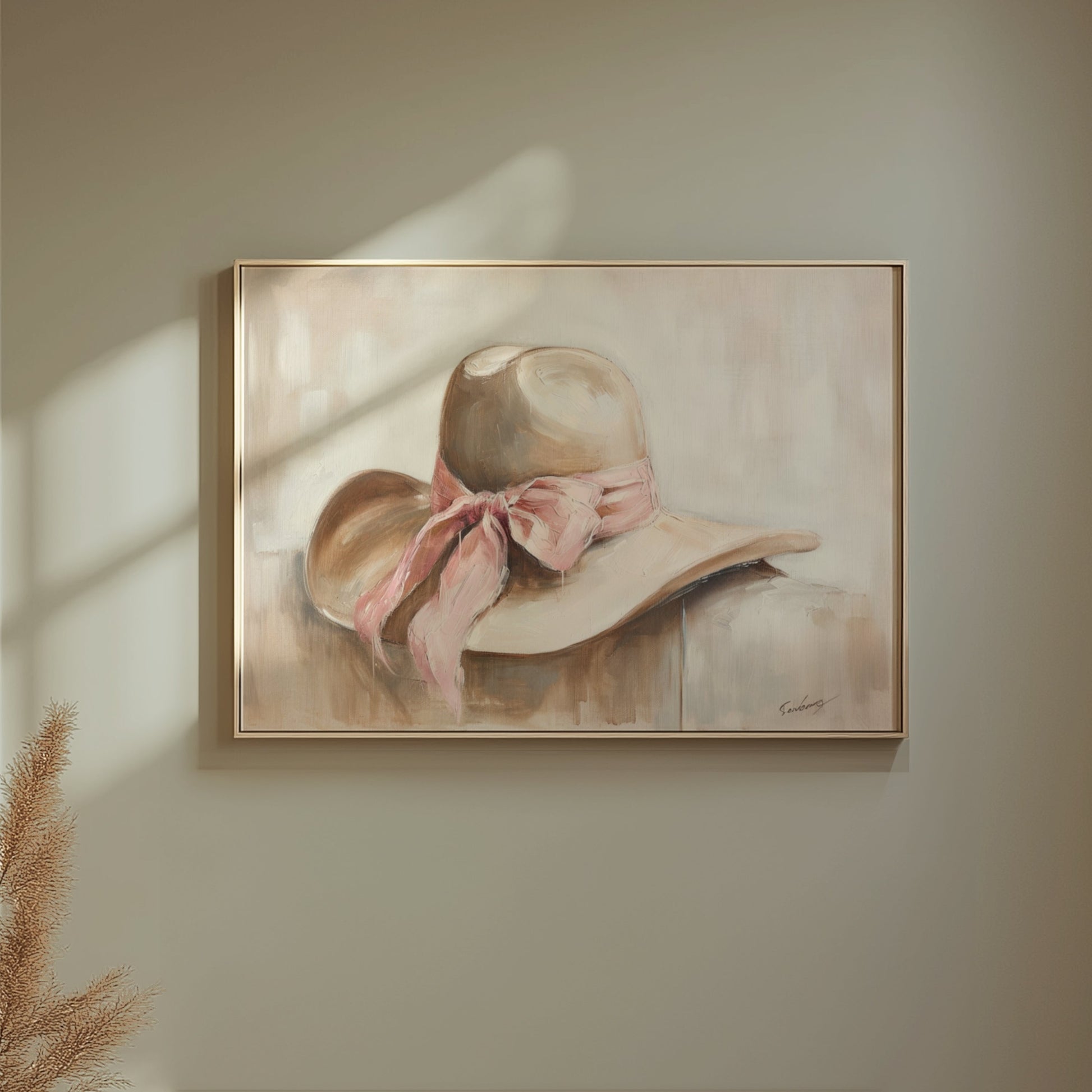 Premium Poster of Elegant Wide Brim Hat with a Pink Ribbon Posters