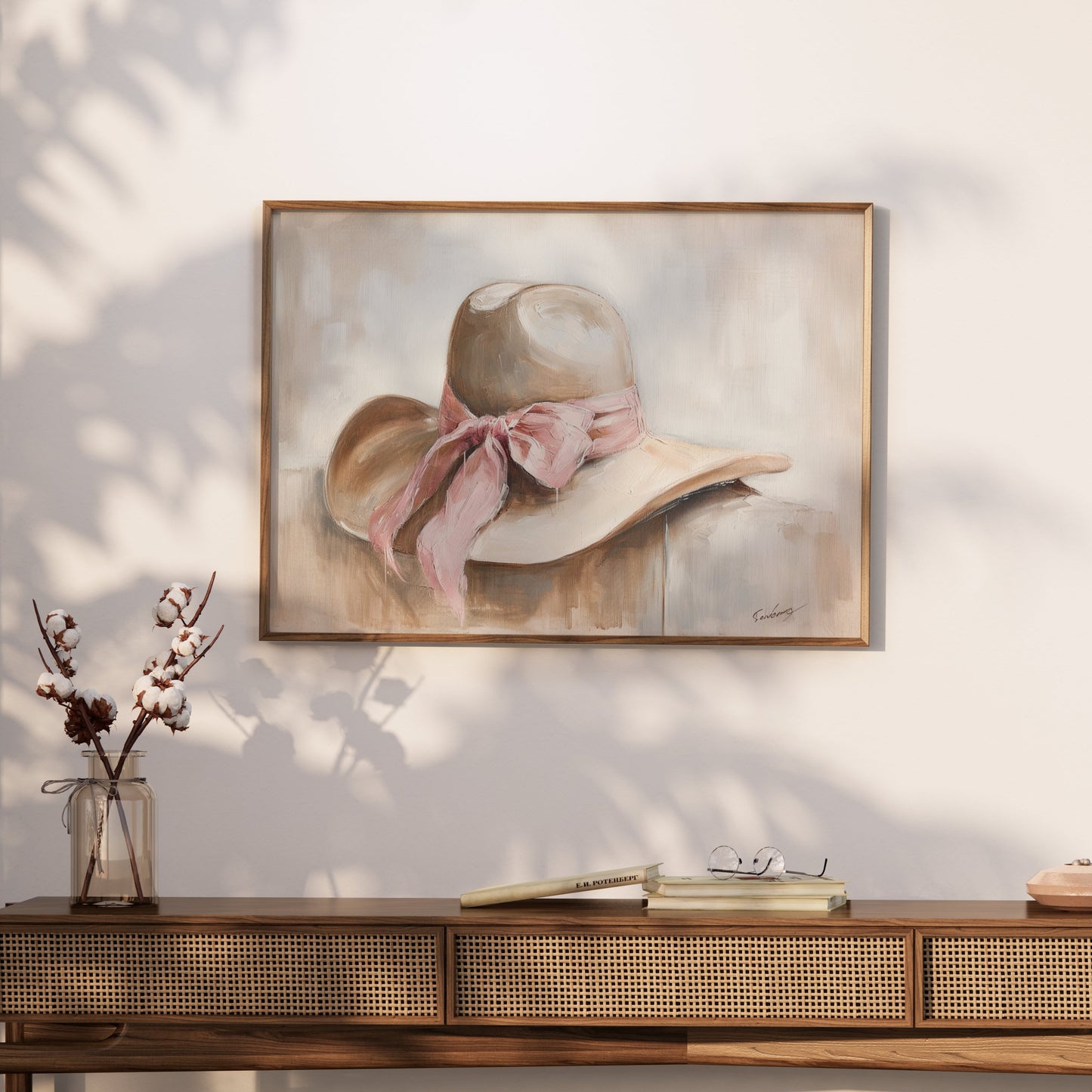 Premium Poster of Elegant Wide Brim Hat with a Pink Ribbon Posters