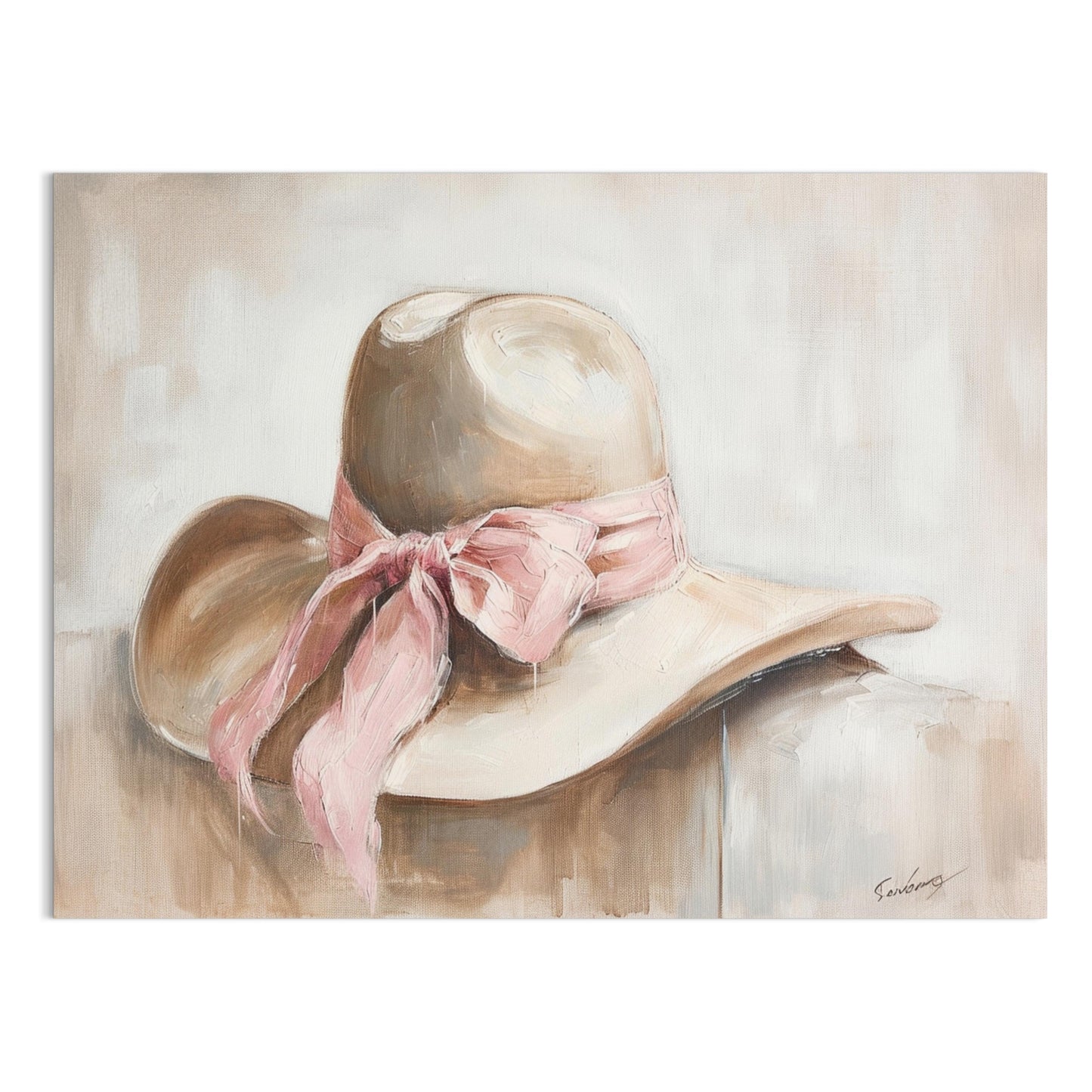 Premium Poster of Elegant Wide Brim Hat with a Pink Ribbon Posters