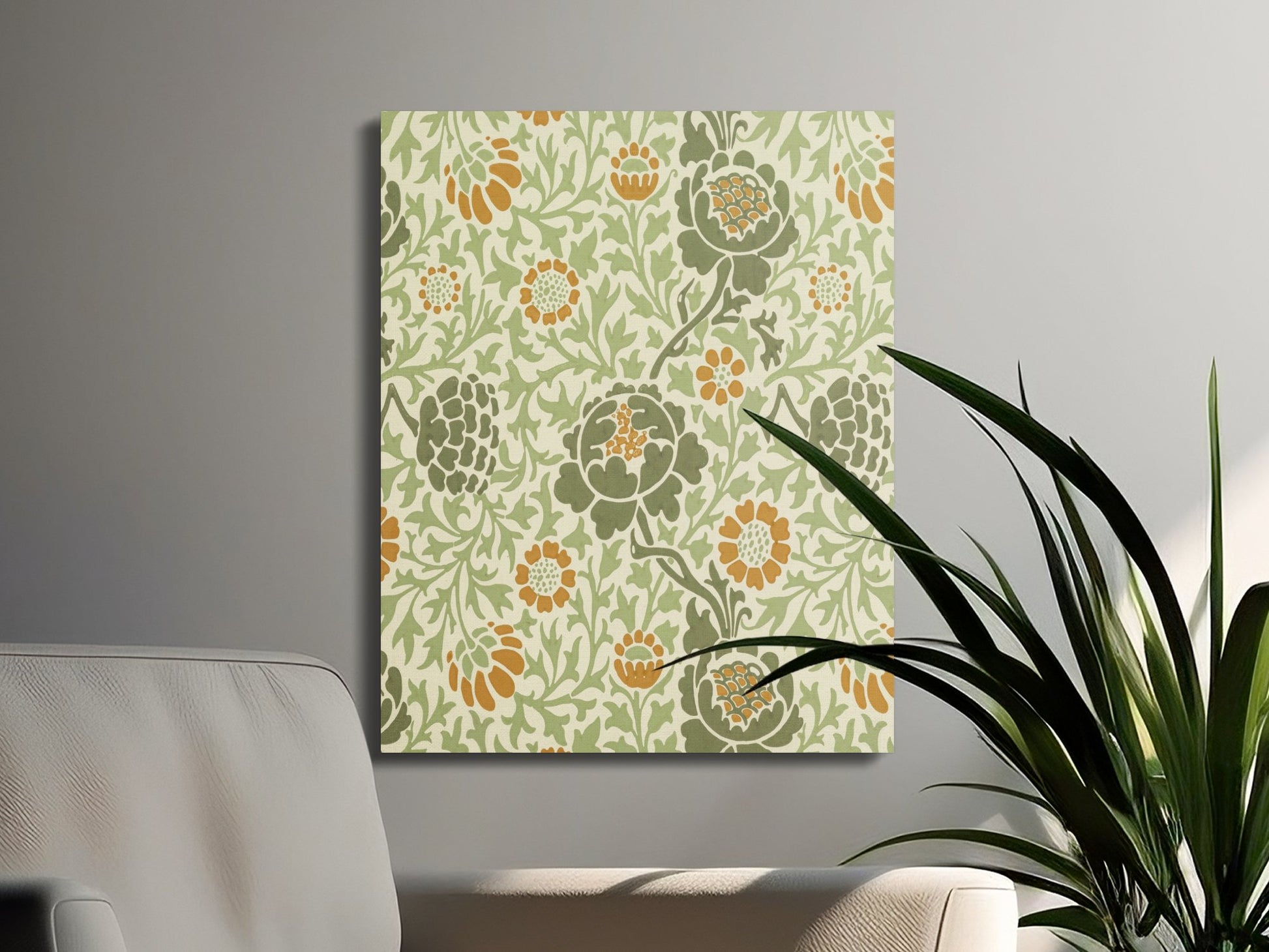 Botanical design canvas wrap with William Morris-inspired floral patterns, styled in a modern living room with a plant and neutral furniture.