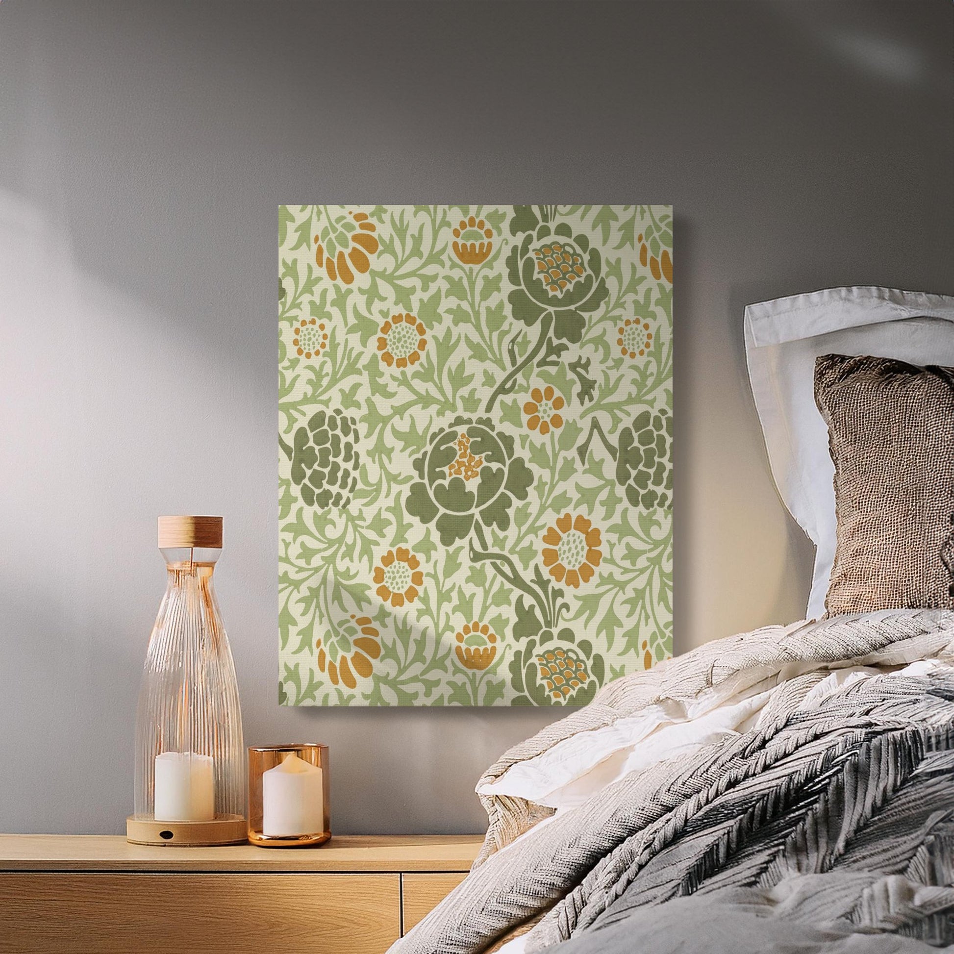 Elegant William Morris floral canvas wrap hung above a cozy bed with neutral bedding, creating a serene and vintage-inspired bedroom decor.
