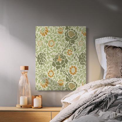 Elegant William Morris floral canvas wrap hung above a cozy bed with neutral bedding, creating a serene and vintage-inspired bedroom decor.