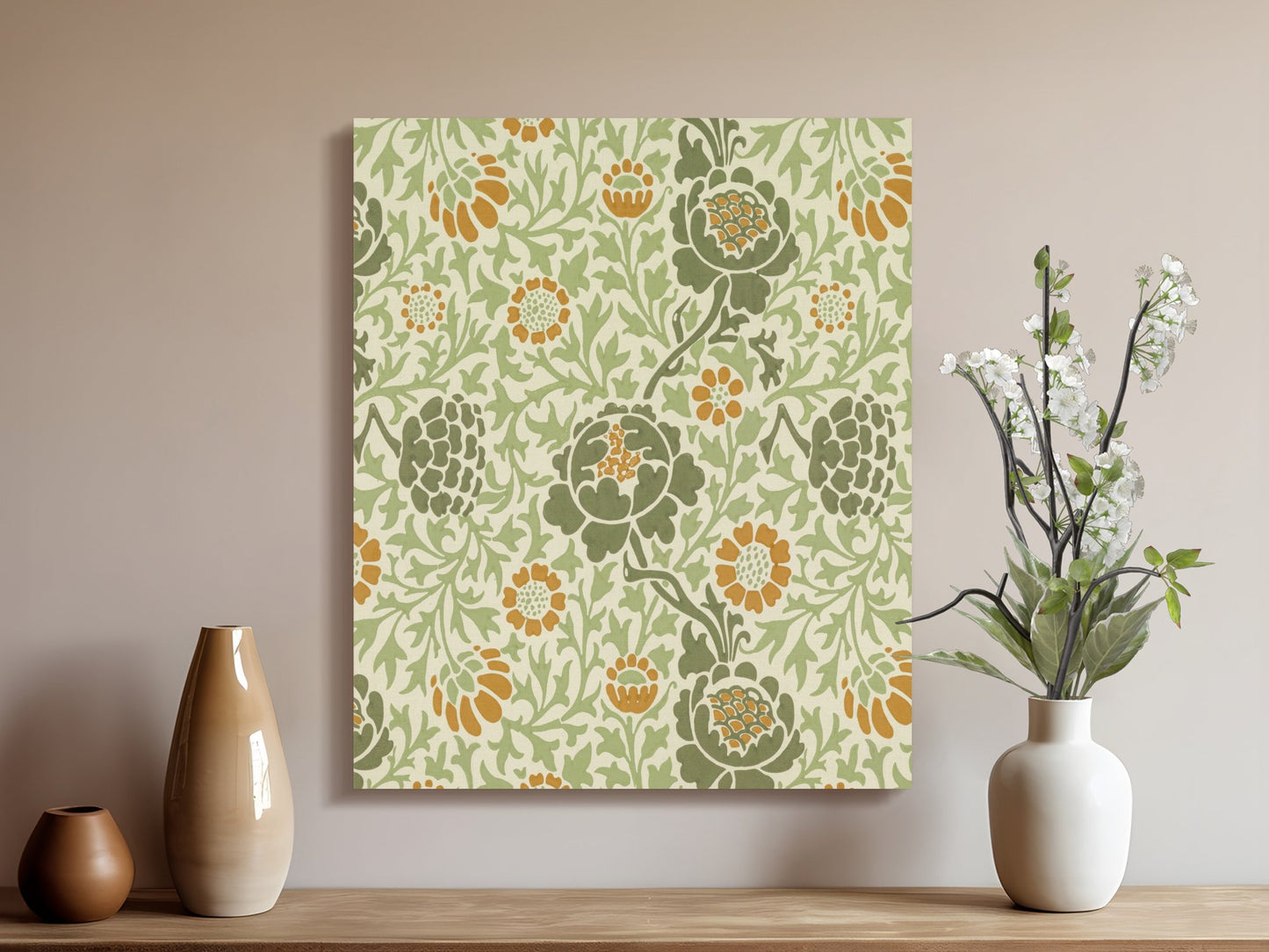William Morris botanical canvas wrap styled on a beige wall with ceramic vases and white flowers, enhancing a classic home decor aesthetic.