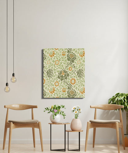 Elegant botanical canvas wrap with William Morris design displayed in a bright sitting area with wooden chairs and green plants for natural decor.
