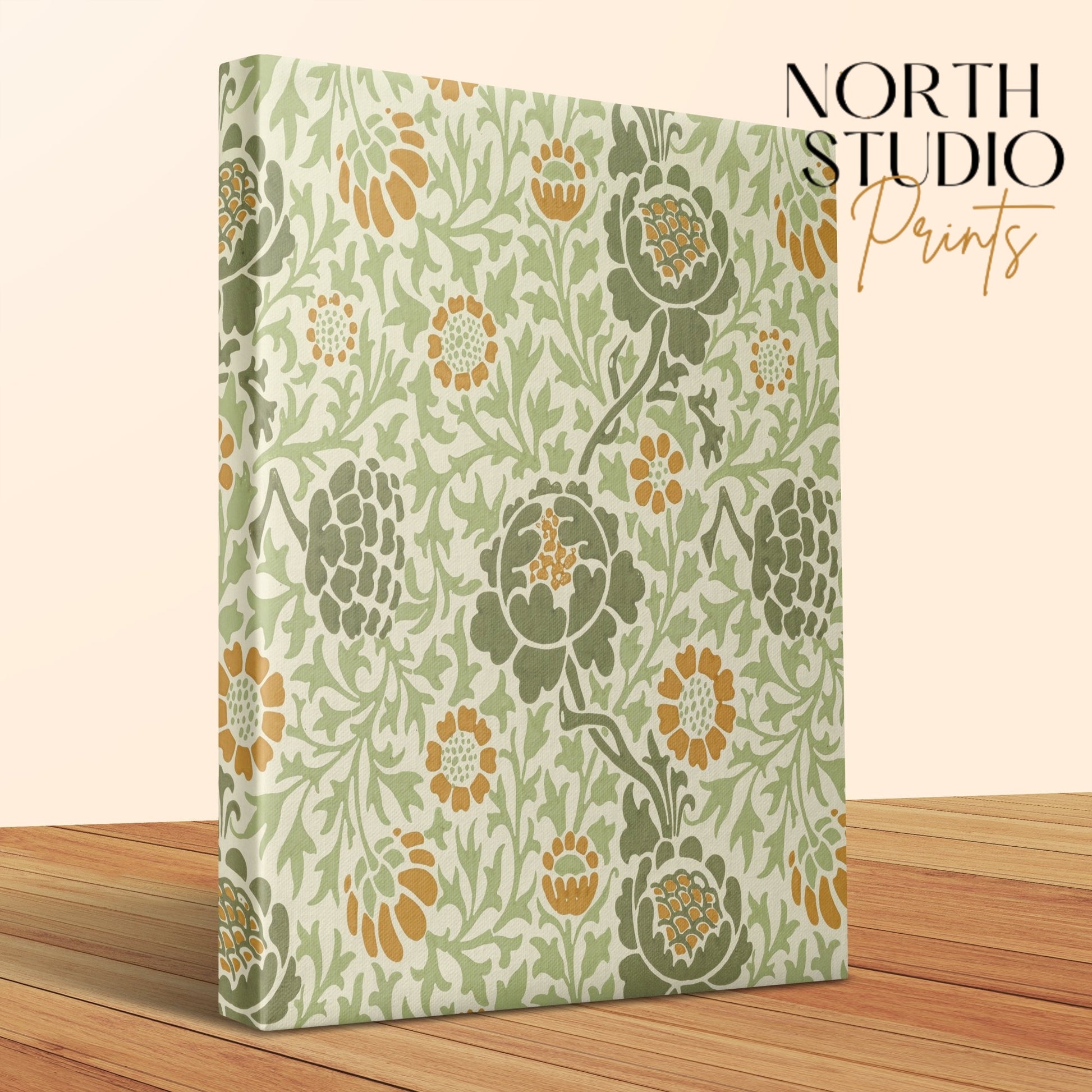Close-up of William Morris botanical canvas wrap with intricate floral patterns, branded by North Studio Prints, perfect for vintage wall art.