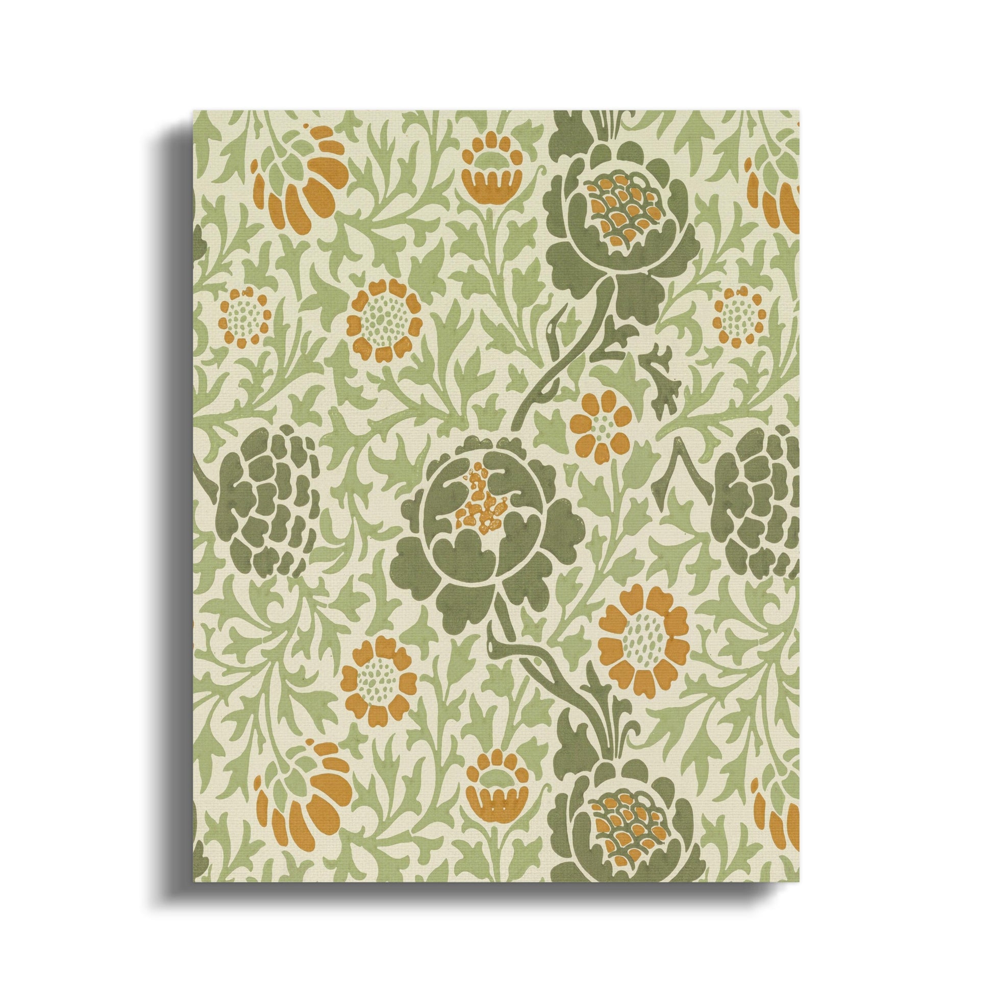 Elegant William Morris botanical design canvas wrap featuring intricate green and orange floral patterns, ideal for vintage-inspired wall art.