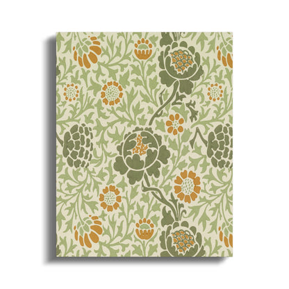 Elegant William Morris botanical design canvas wrap featuring intricate green and orange floral patterns, ideal for vintage-inspired wall art.