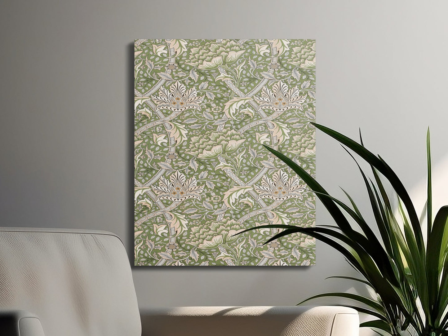 William Morris inspired floral canvas wrap with green and beige patterns, styled in a living room setting with a plant and neutral furniture.