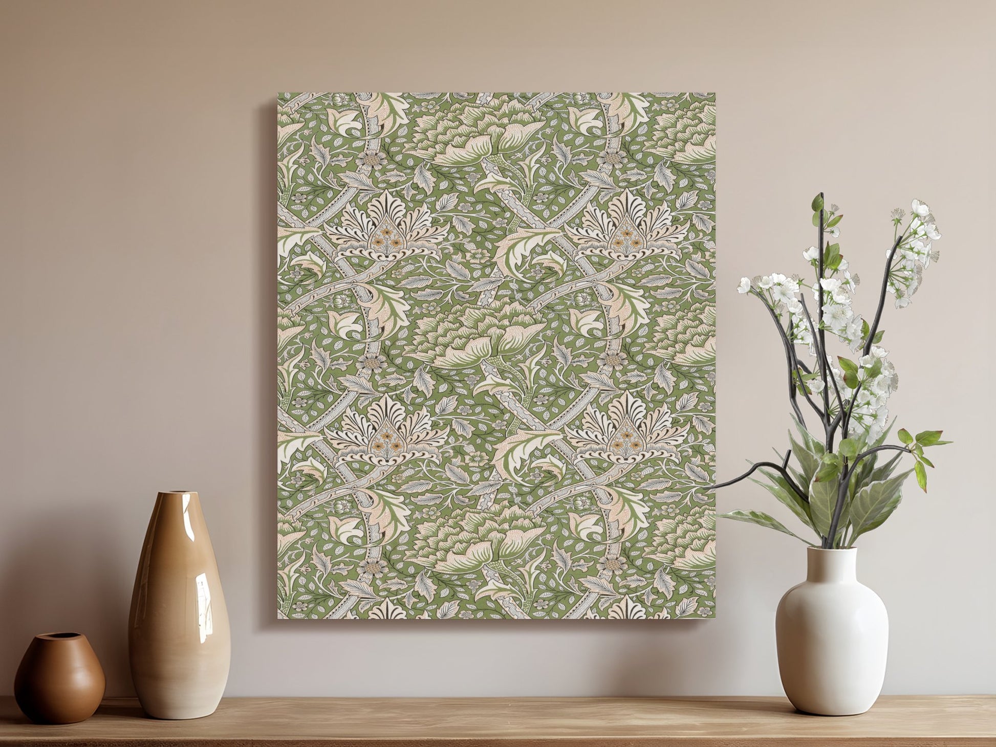 William Morris style floral canvas wrap with intricate green and beige patterns, styled on a wall with vases and minimalist decor.