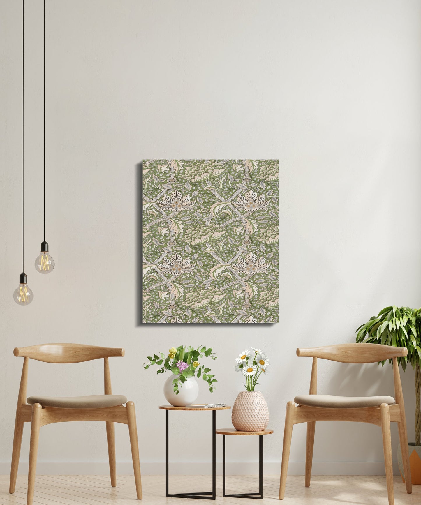 Square William Morris style floral canvas wrap with green and beige botanical patterns, displayed in a modern seating area with wooden chairs.
