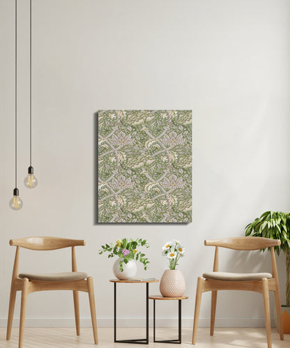 Square William Morris style floral canvas wrap with green and beige botanical patterns, displayed in a modern seating area with wooden chairs.