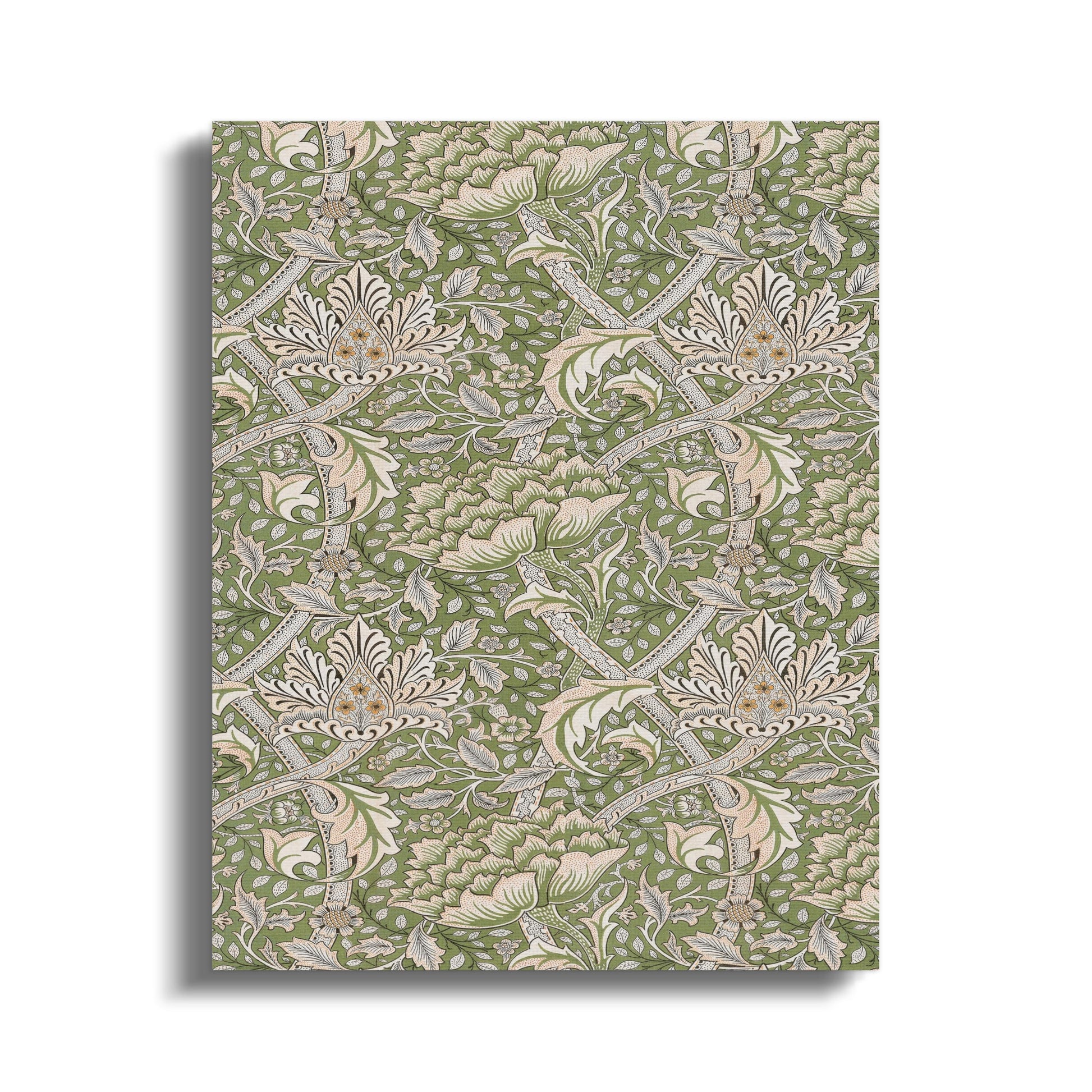 Elegant William Morris style floral pattern canvas wrap featuring intricate green and beige botanical designs, ideal for vintage home decor.