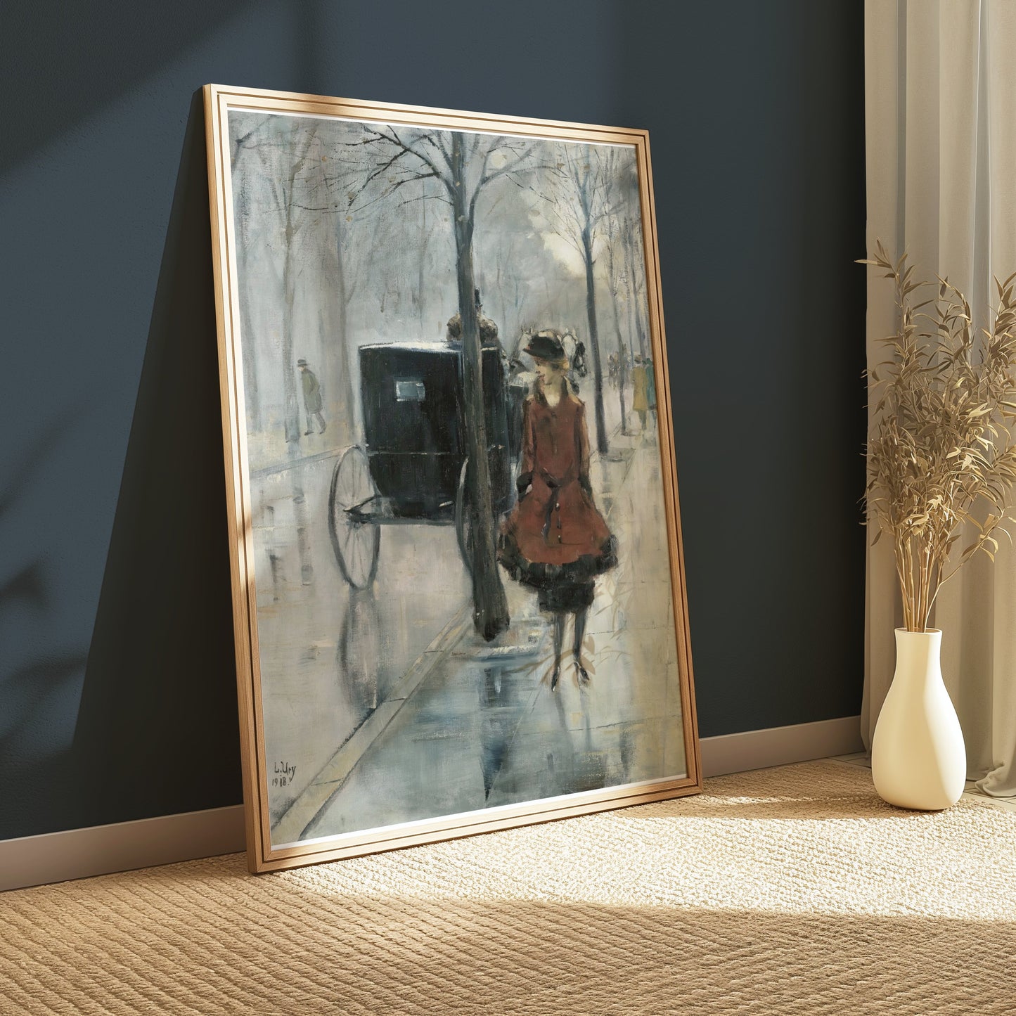 Premium Poster of Elegant Woman and Carriage in Autumn Scene Posters