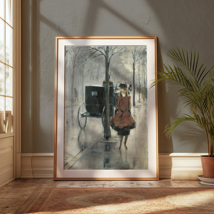 Premium Poster of Elegant Woman and Carriage in Autumn Scene Posters