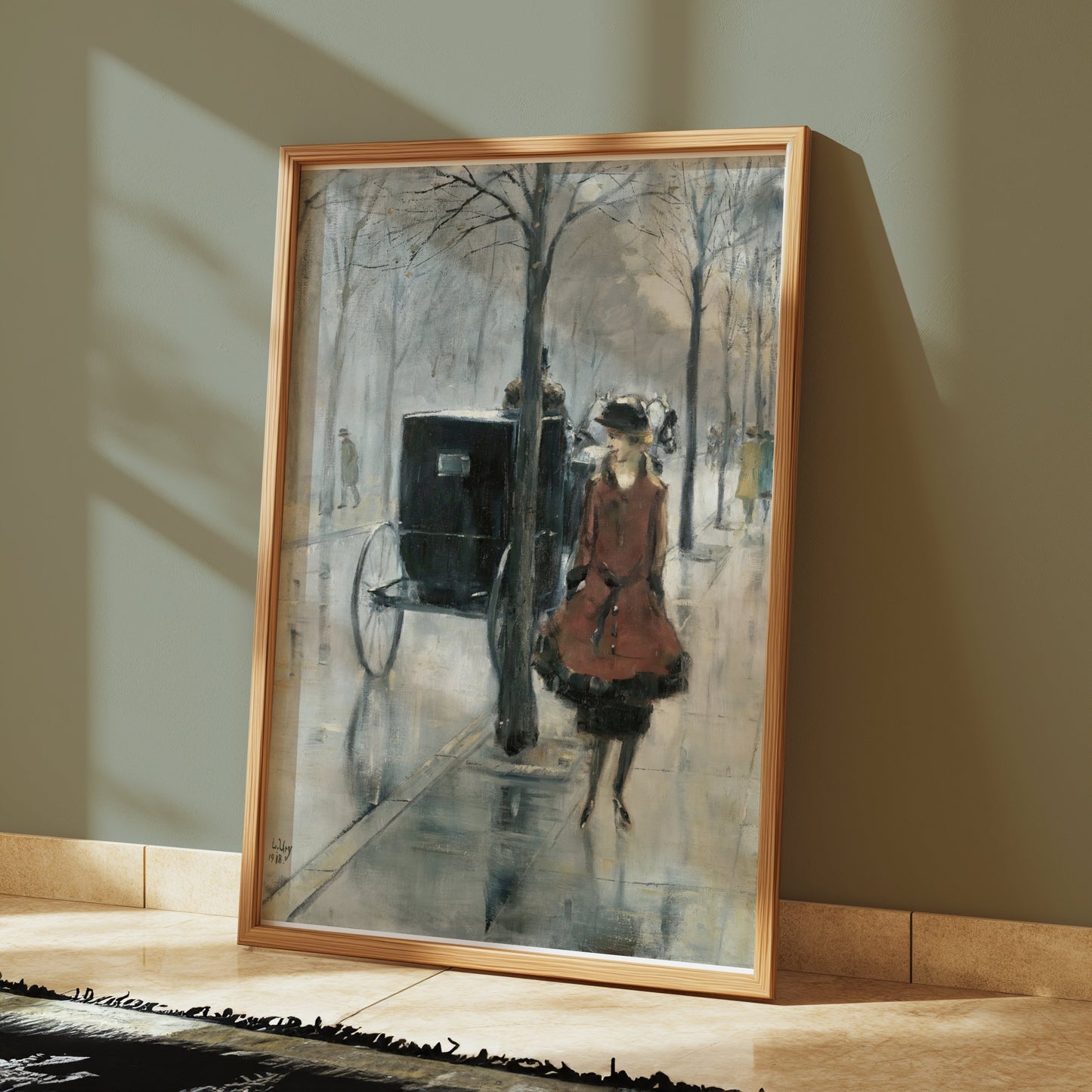 Premium Poster of Elegant Woman and Carriage in Autumn Scene Posters