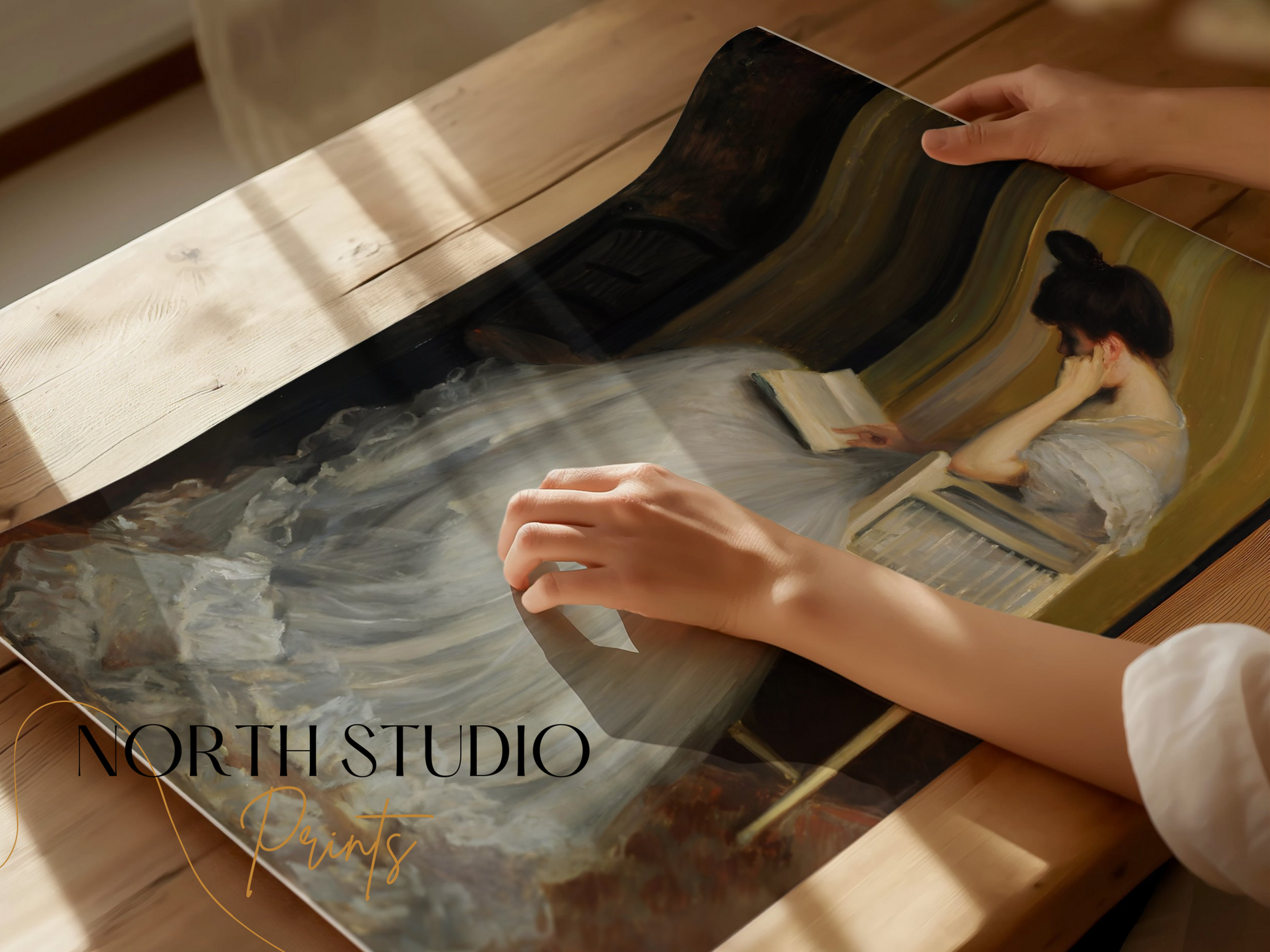 Premium Poster of Elegant Woman in White Dress Reading Book Posters