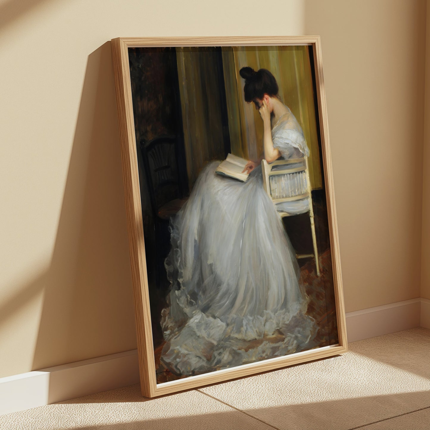 Premium Poster of Elegant Woman in White Dress Reading Book Posters