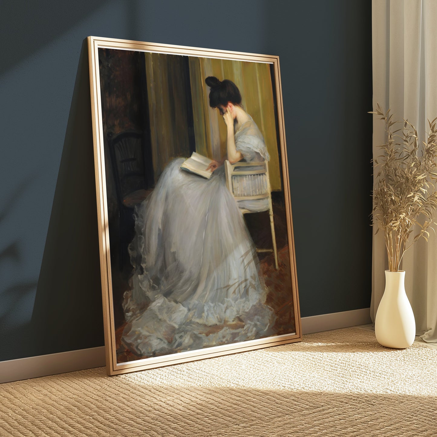 Premium Poster of Elegant Woman in White Dress Reading Book Posters