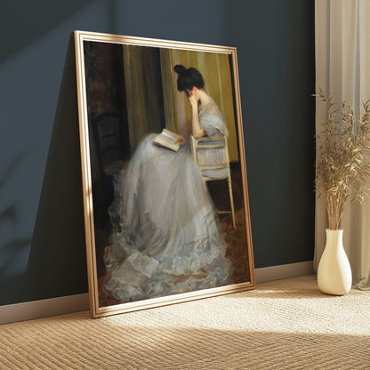 Premium Poster of Elegant Woman in White Dress Reading Book Posters