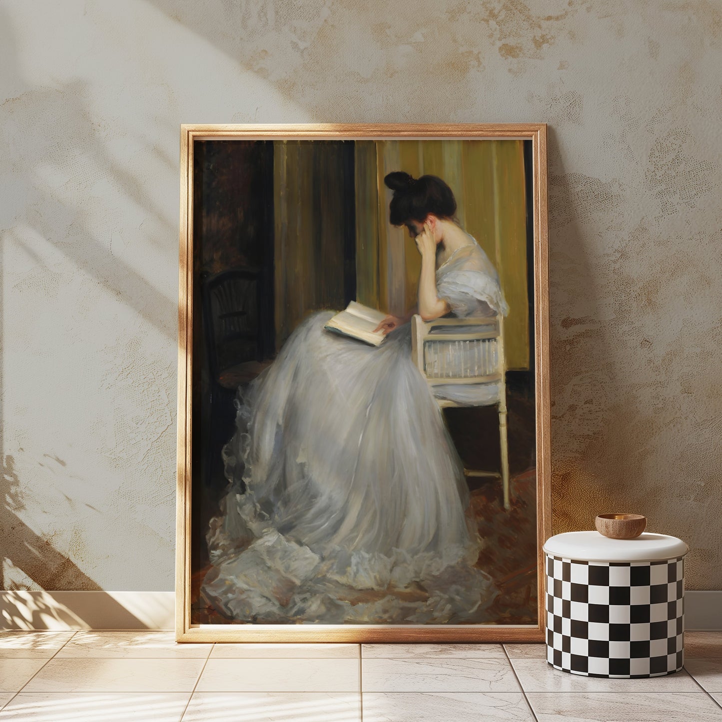 Premium Poster of Elegant Woman in White Dress Reading Book Posters