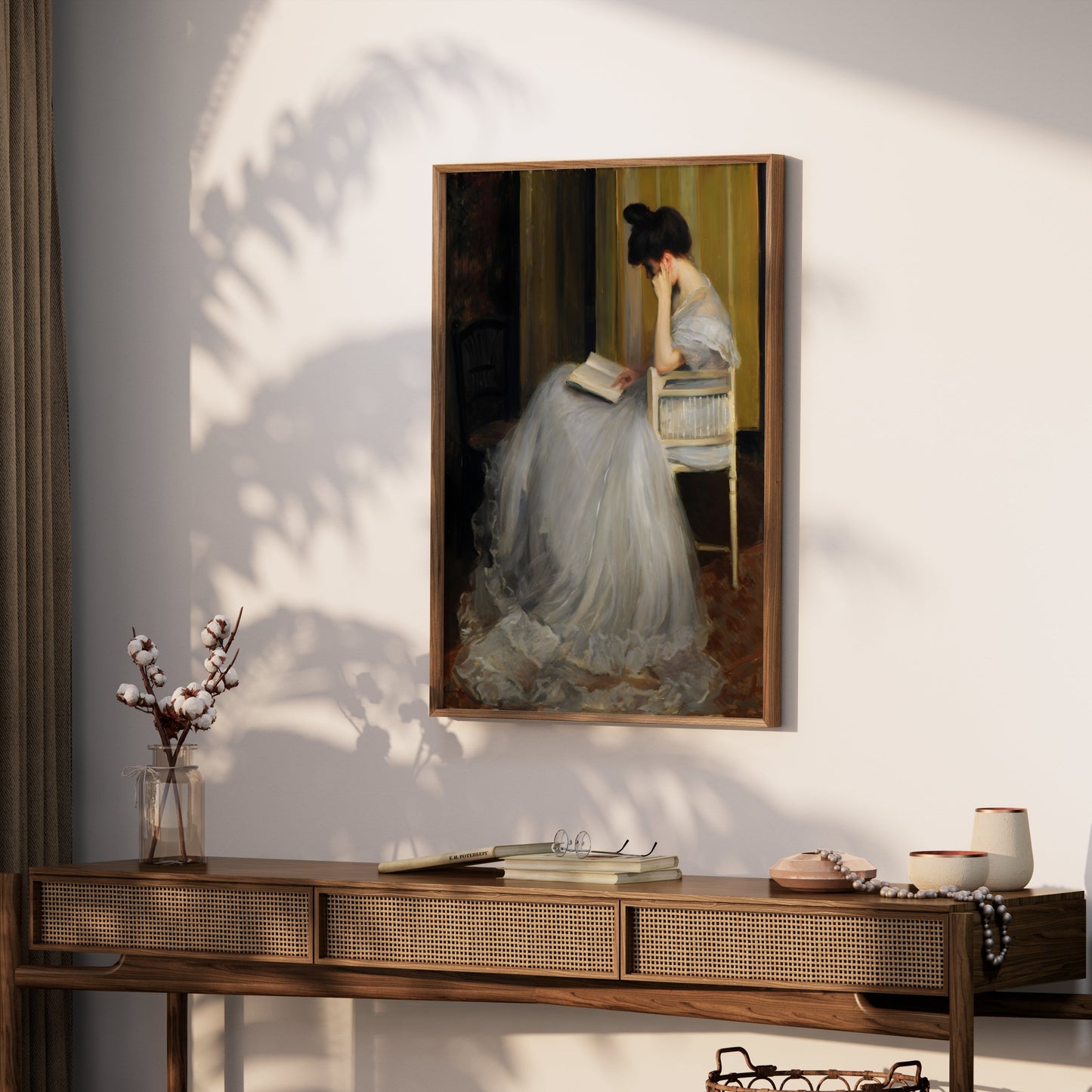 Premium Poster of Elegant Woman in White Dress Reading Book Posters