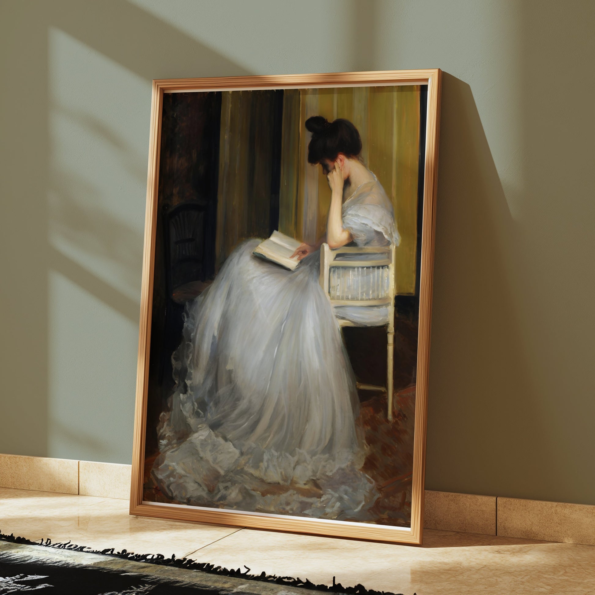 Premium Poster of Elegant Woman in White Dress Reading Book Posters