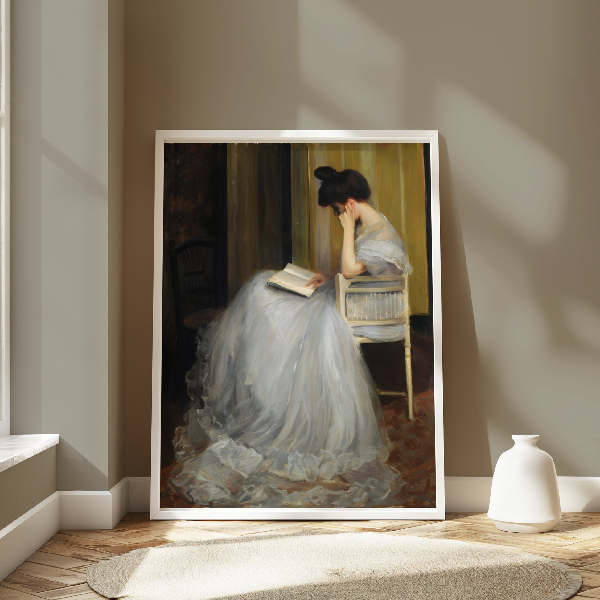 Premium Poster of Elegant Woman in White Dress Reading Book Posters