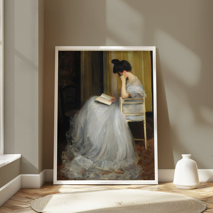 Premium Poster of Elegant Woman in White Dress Reading Book Posters