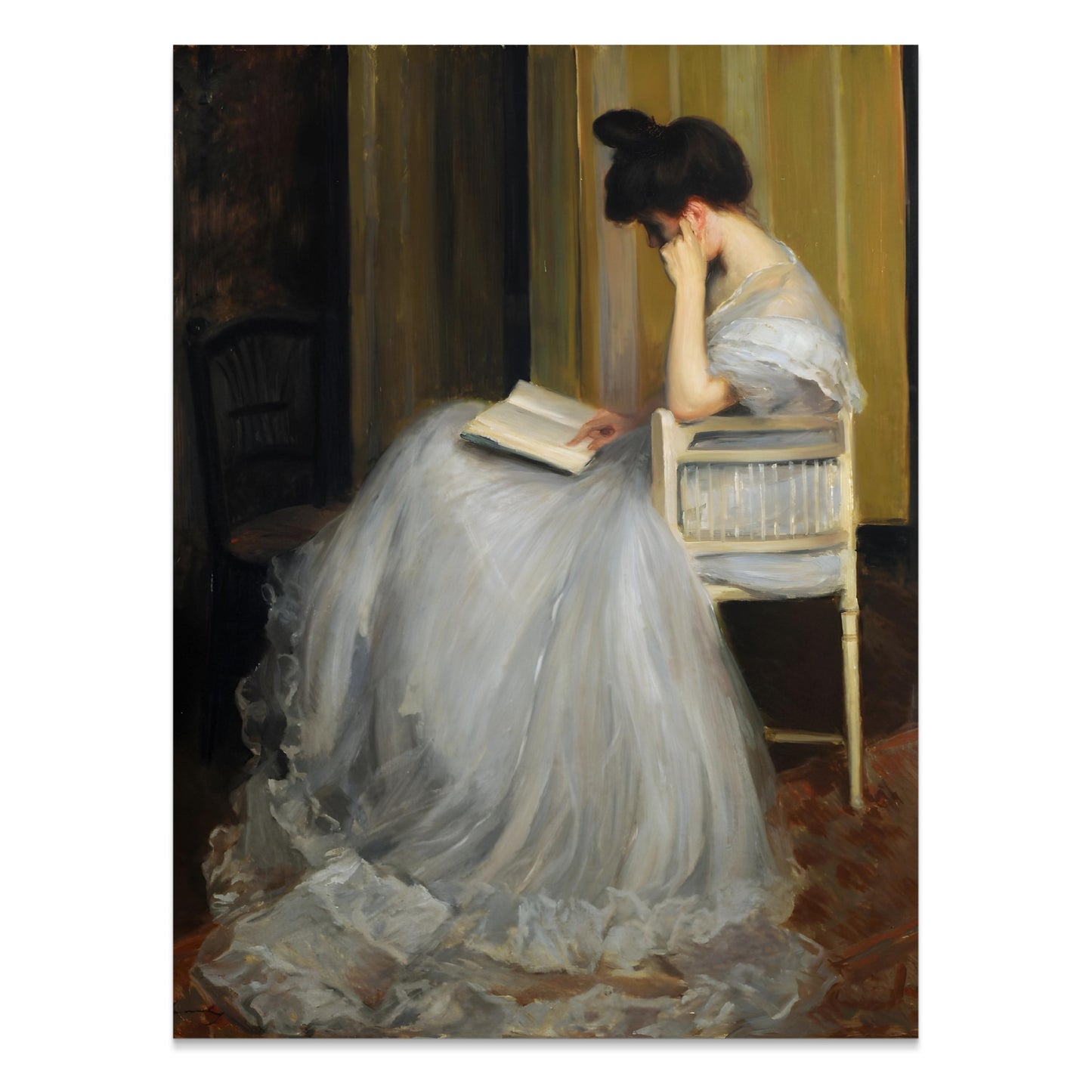Premium Poster of Elegant Woman in White Dress Reading Book Posters