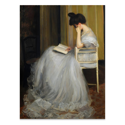 Premium Poster of Elegant Woman in White Dress Reading Book Posters