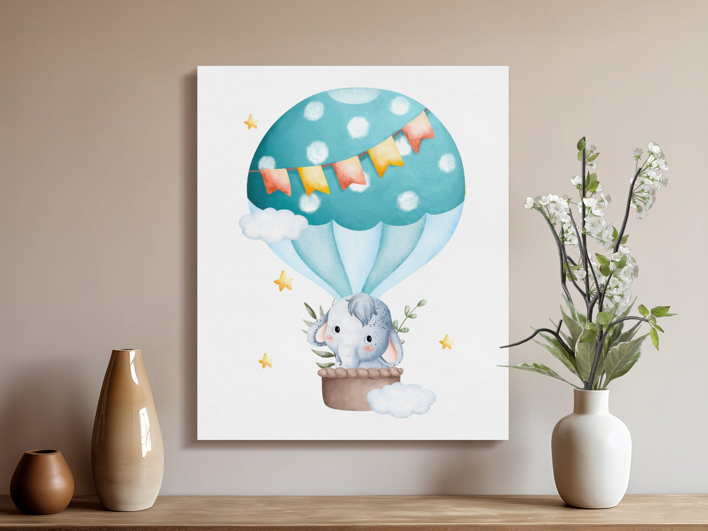 Premium Poster of Elephant in Hot Air Balloon Canvas Wraps