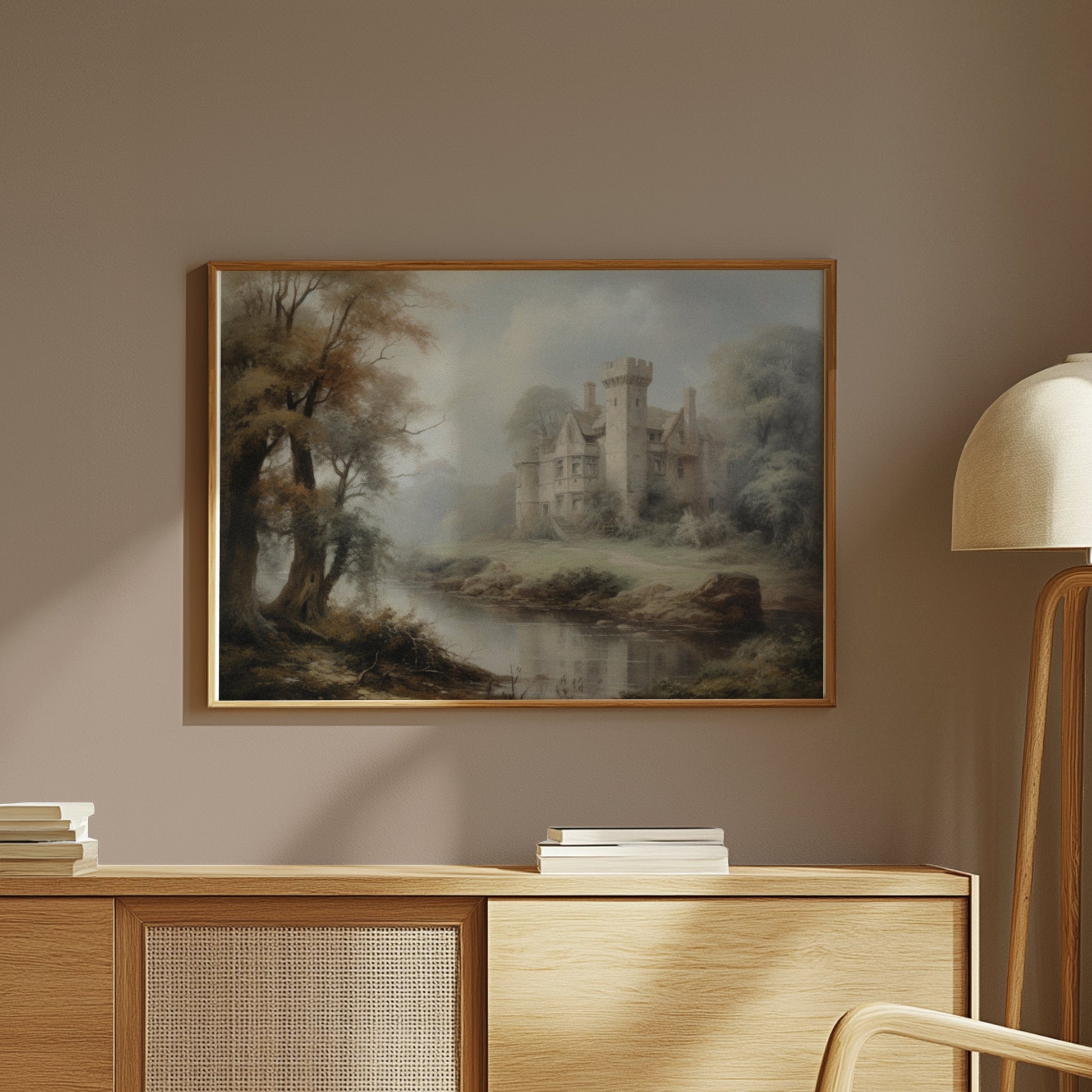 Premium Poster of Enchanting Castle Amidst Misty Forest Landscape Posters
