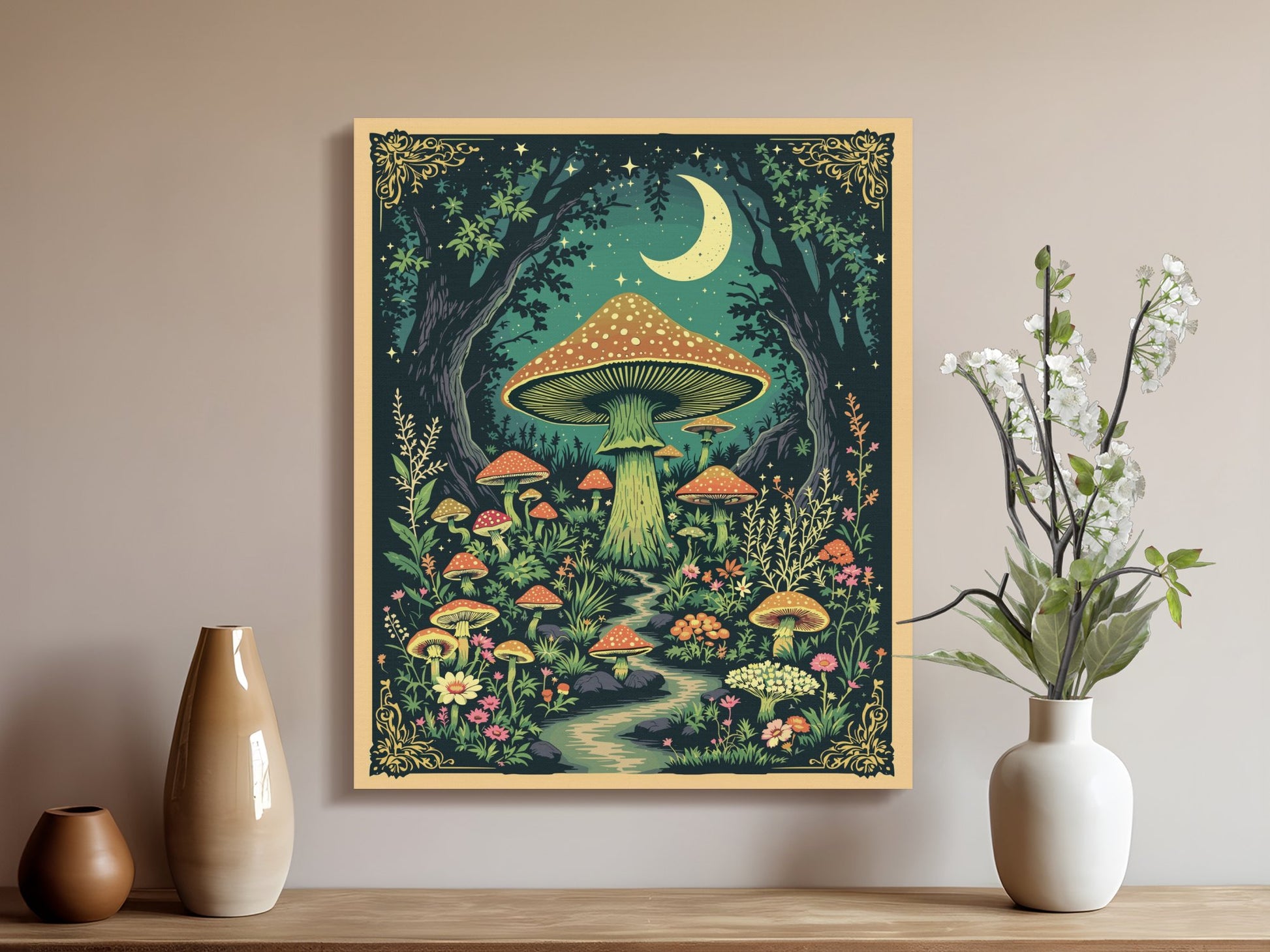 Premium Poster of Enchanting Forest Mushrooms with Moonlit Night Canvas Wraps