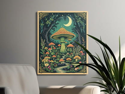 Premium Poster of Enchanting Forest Mushrooms with Moonlit Night Canvas Wraps