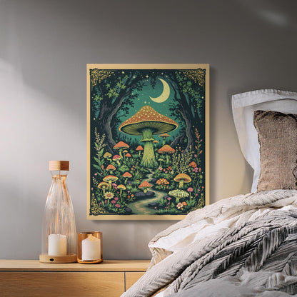 Premium Poster of Enchanting Forest Mushrooms with Moonlit Night Canvas Wraps