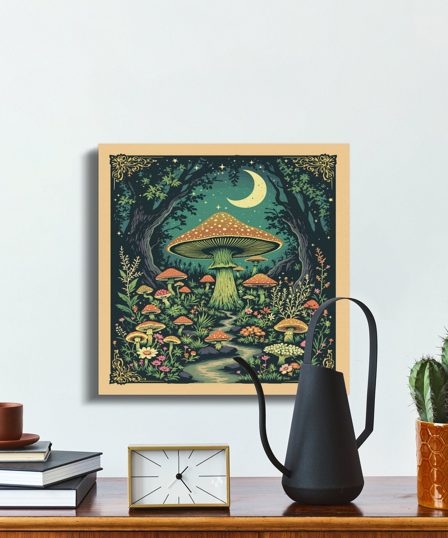 Premium Poster of Enchanting Forest Mushrooms with Moonlit Night Canvas Wraps