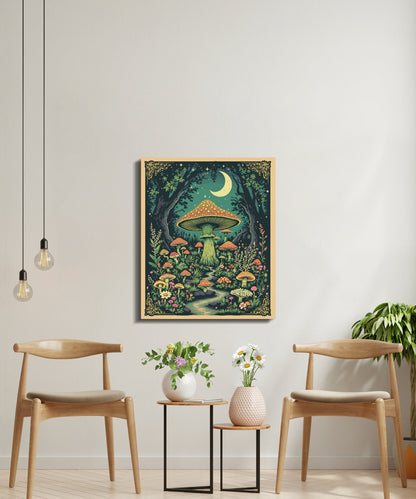 Premium Poster of Enchanting Forest Mushrooms with Moonlit Night Canvas Wraps