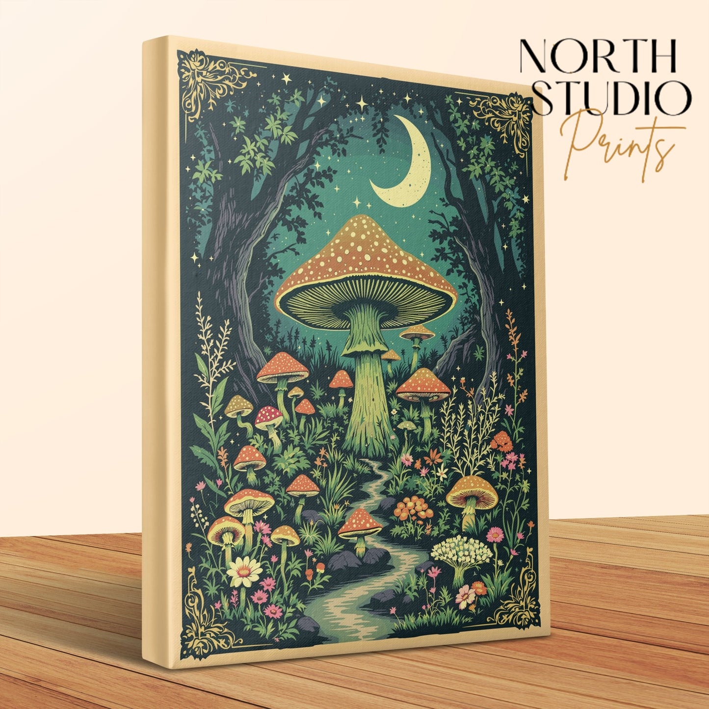 Premium Poster of Enchanting Forest Mushrooms with Moonlit Night Canvas Wraps