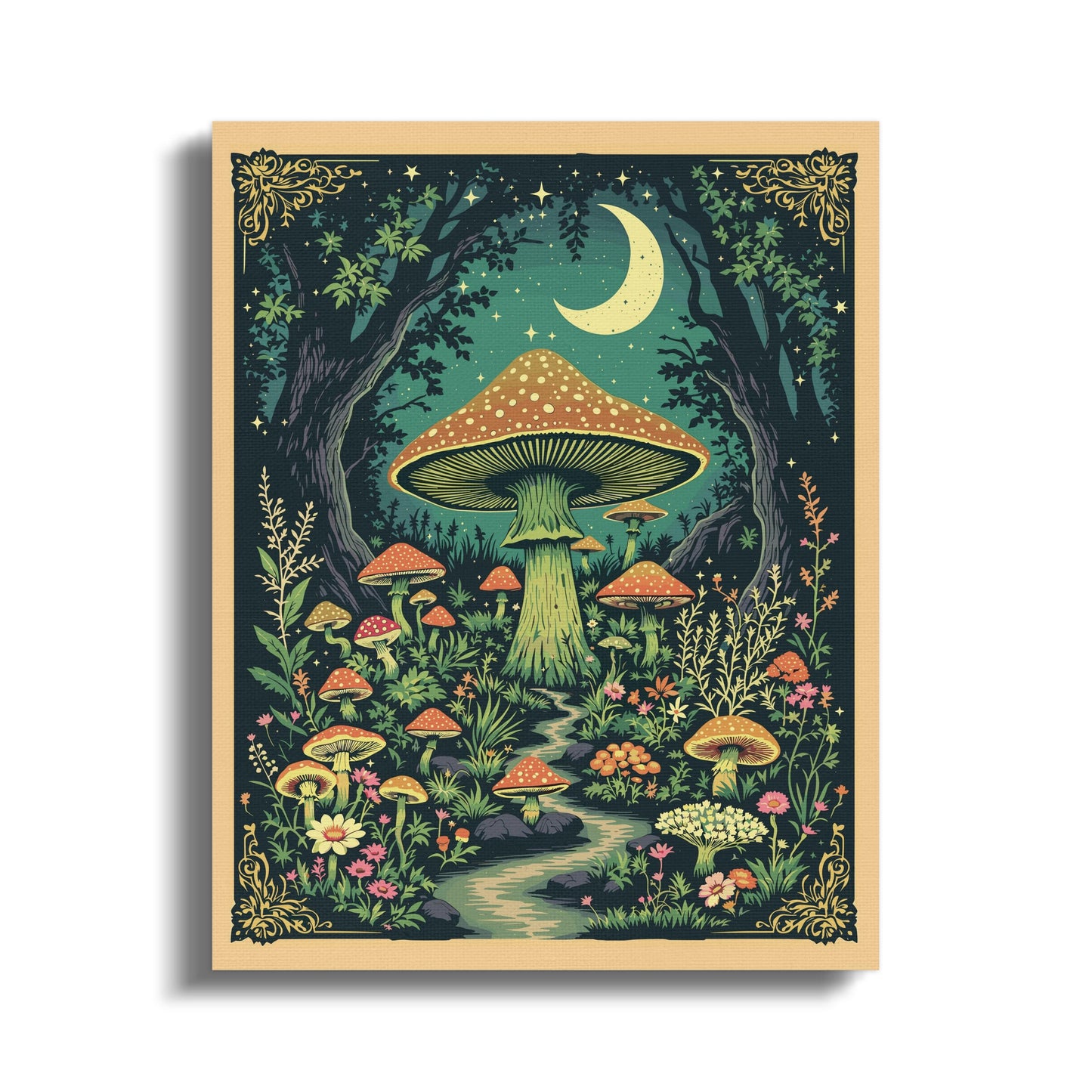 Premium Poster of Enchanting Forest Mushrooms with Moonlit Night Canvas Wraps
